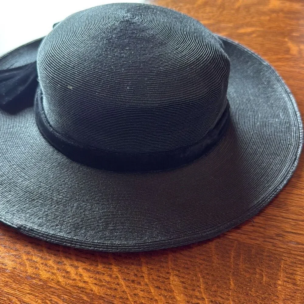 Vintage Black‎ Finely Woven Straw Hat With Black Velvet Bow Women’s Size Small - Picture 8 of 13